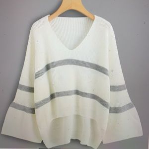 Shein Flounce  Sleeve  Striped Dip Hem Sweater